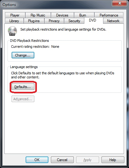 Windows Media Player DVD Tab, Default Settings